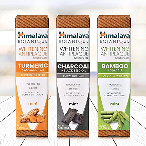 Himalaya Botanique Whitening Antiplaque Toothpaste with Charcoal + Black Seed Oil, Fluoride Free, for Whiter Teeth, 4 oz, 4 Pack