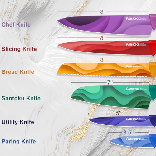 Astercook Paisley Pattern Knife Set with Cover, Dishwasher Safe Colorful Knives with 6 Knife Sheath, German Stainless Steel Rainbow Knife Set