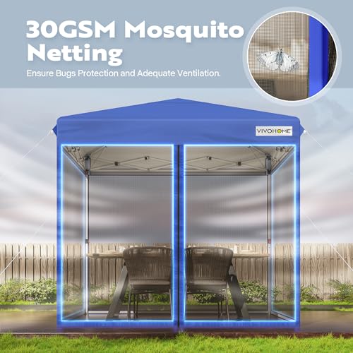 VIVOHOME 8x8ft Easy Pop-Up Screen Tent, Outdoor Canopy Tent Mosquito Netting, 2 Zipper Doors, and Roller Bag for Yard Camping Picnic Party Events, Blue