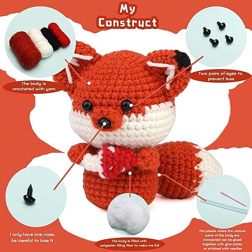 Nitlak Crochet Kit for Beginners, Crochet Starter Kit, Fox Crocheting Animals Kits with Crochet Hooks Yarn Polyester Fiber Step-by-Step Video Tutorials, Knitting Kit for Adults