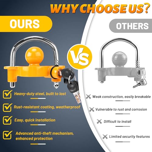 Turnart Trailer Lock, Hitch Lock, Trailer Hitch Lock, Trailer Coupler Lock, Trailer Tongue Lock, Adjustable, Heavy-Duty Steel, Universal Size Fits 1-7/8", 2", and 2-5/16" Couplers (Yellow-A)