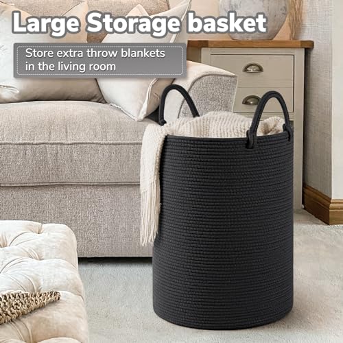 INDRESSME Woven Laundry Basket, Baby Nursery Hamper Bin Tall Storage Basket for Living Room, Kids Laundry Hamper for Clothes, Toys, Large Rope Basket for Blankets, Pillows, 19.7 x 13.8 inches, Black