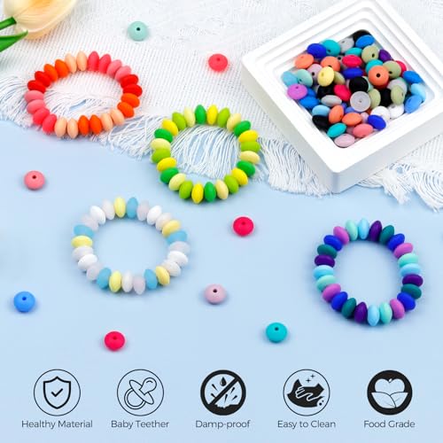 180Pcs FIVEIZERO Silicone Lentil Beads Bulk, 12mm Silicone Abacus Focal Beads Silicone Beads Bulk Colorful DIY Loose Beads for Bracelet Necklace Crafts Pen Making（Lavender）