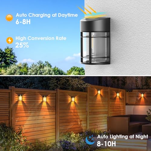 Mancra Solar Fence Lights Outdoor, 6 Pack Solar Deck Lights LED Filament Bulb Solar Wall Lights Waterproof Patio Decor for Porch Backyard Yard Garden, 3000K