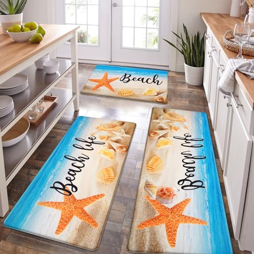 ASPMIZ Coastal Beach Kitchen Floor Mat, Ocean Cushioned Kitchen Mats Rug Non Slip Washable, Sea Shell Waterproof Memory Foam Comfort Rugs PVC Standing for Home Sink, 18"x 30" + 18" x 48" + 18" x 60"