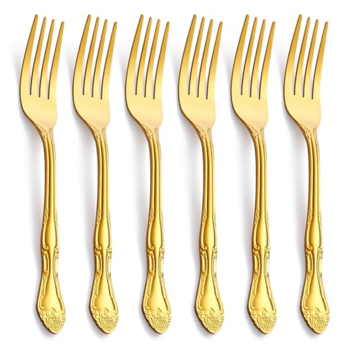 Matte Gold Dessert Forks, FULLYWARE Stainless Steel Satin Finish Forks Silverware Salad Fork Set of 6, Rose Pattern Design, Dishwasher Safe