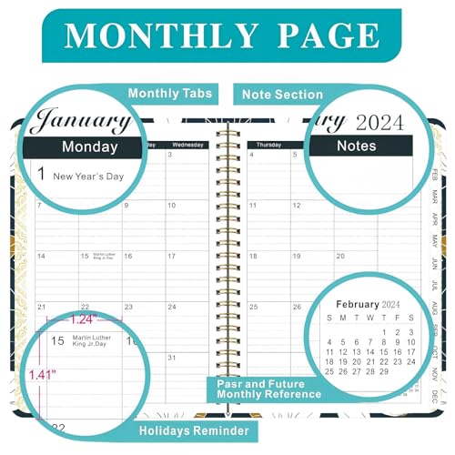 2024 Planner, 12-Month Weekly Monthly Planner from JAN.2024 to DEC.2024, 8.5" X 6.4", 2024-2025 Hardcover Planner Notebook with Spiral Bound, Stickers & Sticky Index Tabs (A Flower)