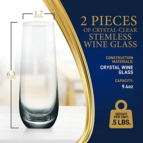 NutriChef 2-Piece Stemless Champagne Flutes Set - 6.4" Tall Crystal Glasses with Thick Heavy Base - Prosecco Wine Flute, Highball Glass, Mimosa Cocktail Glass Set, Bar Glassware - Dishwasher Safe