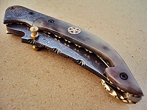 Limited Edition - FNA-32 Custom Handmade Damascus Steel Folding Knife - Beautiful Camel Bone Handle with Damascus Steel Bolsters (Colored Bone)