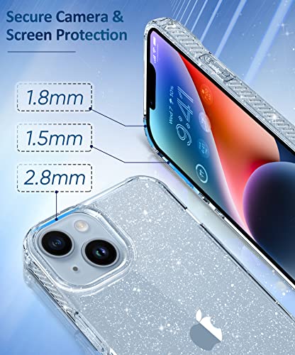 MIODIK Compatible with iPhone 14 Case with Screen Protector + Camera Lens Protector, [Non-Yellowing] Clear Glitter Phone Case, Protective Shockproof Women Cover for 6.1 Inch - Sparkle Clear