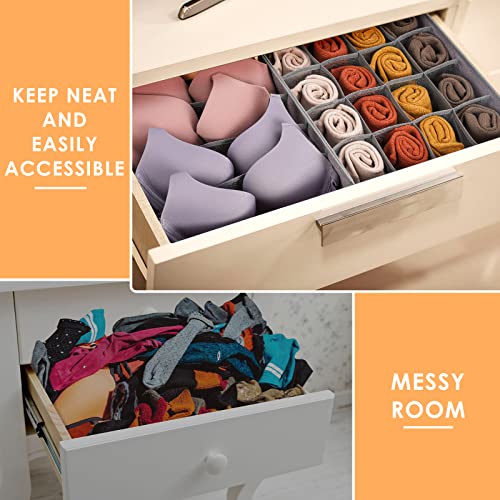 3 Pack Bra Underwear Drawer Organizer Dividers, 26 Cell Fabric Foldable Dresser Closet Organizers and Storage Boxes for Baby Clothes, Bra, Socks, Underwear, Ties (5+5+16 Slots, Grey)