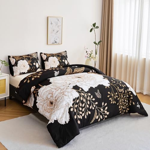 ANGIYUIN Black Floral Full Size Comforter Set White Flowers Bedding Set 3 Pcs Gold Leaves Butterfly Botanical Bedding Comforter Set Soft Farmhouse Bed Sets for Women Men