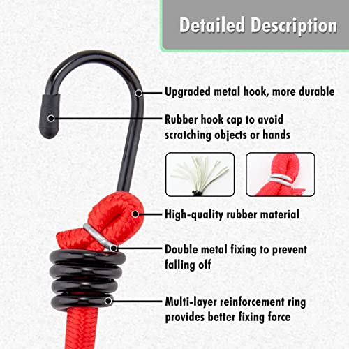 Cartman 8mm 16Pack Bungee Cords, 6pcs 32"& 10pcs 24" with Steel Hook