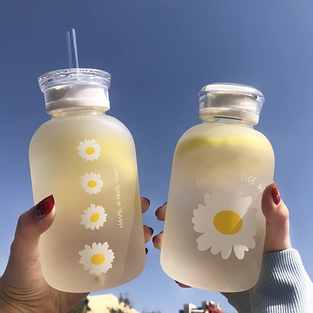 JZSMY 480ml Milk Juice Cute Water Bottle with Scale 2 Lids Little daisy Matte Portable Transparent Water Cup Glass Bottles Creative Handy Cup (1Pcs Six Flowers)