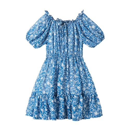 LittleSpring Green Dress for Toddler Girls Off Shoulder Floral Dress Chiffon Beach Dress 4T Casual Boho Dress