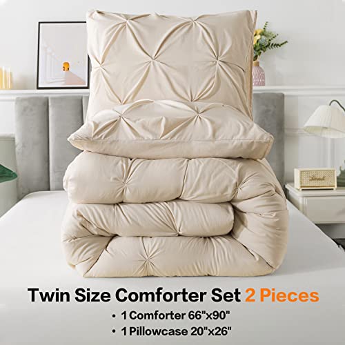 Andency Khaki Pinch Pleat Comforter Queen(90x90Inch), 3 Pieces(1 Pintuck Comforter and 2 Pillowcases) Pintuck Comforter Set, Microfiber All Season Down Alternative Bedding Set