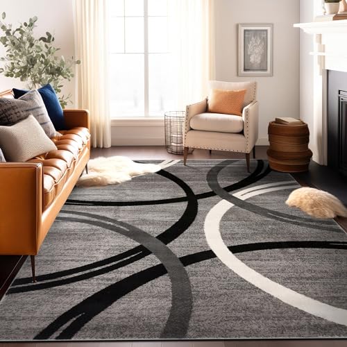 Rugshop Modern Wavy Circles Design Round Rug 6' 6" (6' 6" Diameter) Black