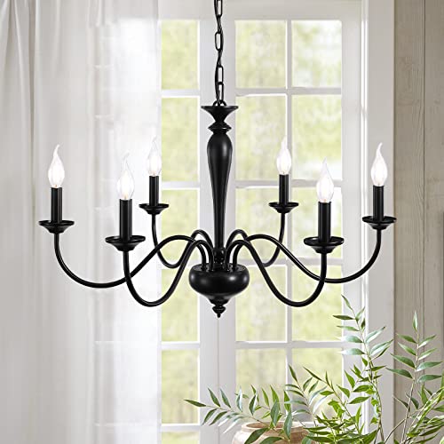 QAREHL Black Chandelier for Dining Room 6 Light Rustic Industrial Farmhouse Lighting Fixtures Hanging Candlestick Chandeliers for Living Room, Foyer, Bedroom, Office, Bar,Island Lights