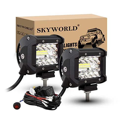 SKYWORLD LED Lights Bar, 2 x 4 inch 60W LED Pods Spot Flood Combo Beam LED Driving Fog Lamp with 12V Toggle Switch Wiring Harness Kit for Off-Road Truck Car ATV SUV Boat Lights