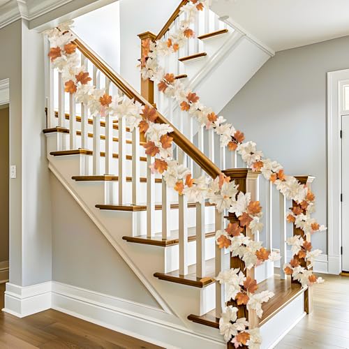 2 Pack Fall Maples Leafed Garland Fall Decorations for Home Total 11.8Ft Artificial Hanging Vine Fall Foliage Garland Fall Thanksgiving Decor Indoor Outdoor Mantel Party(Mixed Gray-White Brown)