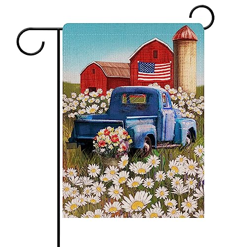 Dyrenson 4th of July Patriotic Welcome Memorial Day Garden Flag Double Sided, Rustic Farm Old Red Truck House Yard Flag, Daisy Garden Yard Flower Decorations, USA Outdoor Flag 12.5 x 18 Gift