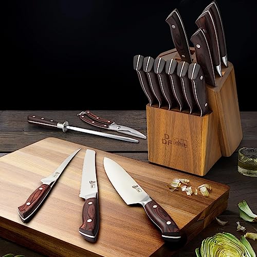 DDF iohEF Kitchen Knife Set, 16-Piece Knife Sets for Kitchen with Block Japanese Stainless Steel Knives Set with Sharpener Ultra Sharp Professional Chef Knife Set with Ergonomic Handle for Cutting