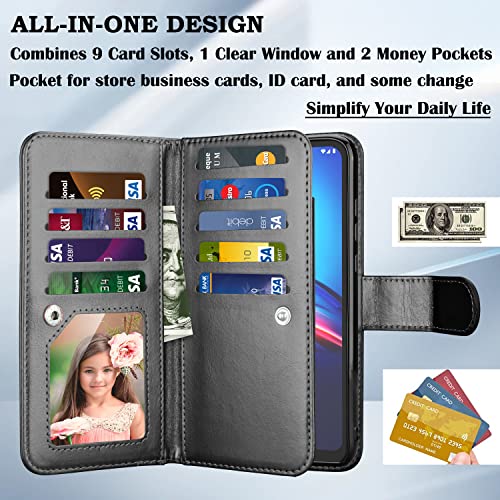 Moto E Case 2020, for Motorola E 2020 Wallet Case, Takfox PU Leather w Credit Card Holder Flip Cover [9 Card Slots] [Magnetic Closure] [Kickstand] Folio Detachable Hard Case & Strap-Black