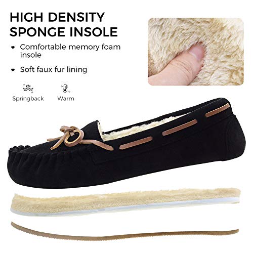 Vonair Women's Moccasin Slippers Micro Suede Warm Faux Fur Pile Lined Lace-Up Bow Cozy Indoor & Outdoor Moccasins Slip On Loafers Shoes for Women Black US 6