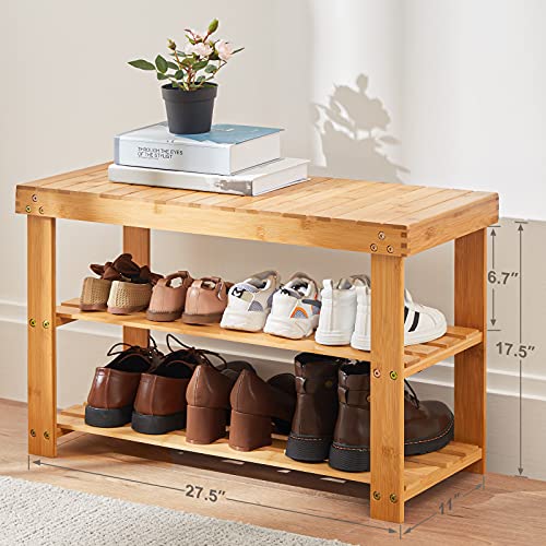 Pipishell 3 Tier Bamboo Shoe Rack Bench - Sturdy Organizer Holds up to 300lbs for Entryway, Bedroom, Living Room, Balcony