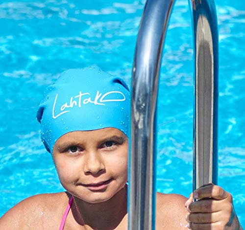 Swim Caps for Long Hair Kids - Swimming Cap for Girls Boys Kids Teens with Long Curly Hair Braids Dreadlocks - 100% Silicone Hypoallergenic Waterproof Swim Hat (Aqua Blue, Small)