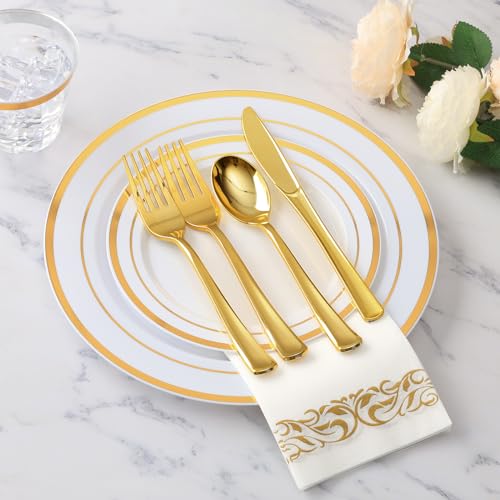 Goodluck 700 Piece Gold Dinnerware Set for 100 Guests, Disposable for Party, Include: 100 Gold Rim Dinner Plates, 100 Dessert Plates, 100 Paper Napkins, 100 Cups, 100 Gold Plastic Silverware Set