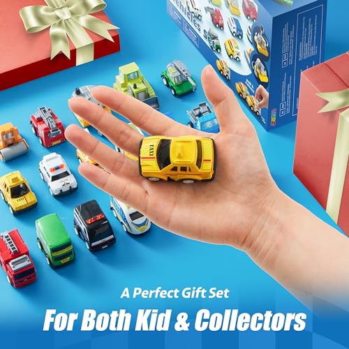 JOYIN 18 Pcs Pull Back City Cars and Trucks Toy Vehicles Set, Friction Powered Cars Toys for Toddlers, Boys, Girls’ Educational Play, Goodie Bags Stuffers