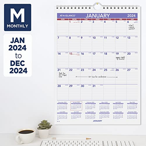 AT-A-GLANCE 2024 Wall Calendar, 8" x 11", Small, Ruled Blocks, Spiral Bound, Monthly (PM12824)