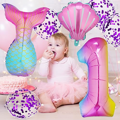 7pcs Mermaid 1st Birthday Decoration, Mermaid 1st Balloons Mermaid Theme Party Supplies Mermaid Tail Balloons Seashell Balloons 1st Birthday Balloons Mermaid Tail Sea Shell Foil Balloons for Girls