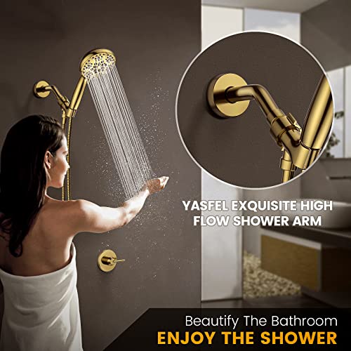 YASFEL Brushed Gold Shower Arm 6" Shower Extension Arm Pipe with Flange and Teflon Tape for Shower Head & Handheld Shower Head(SUS 304, Brushed Gold,NPT)