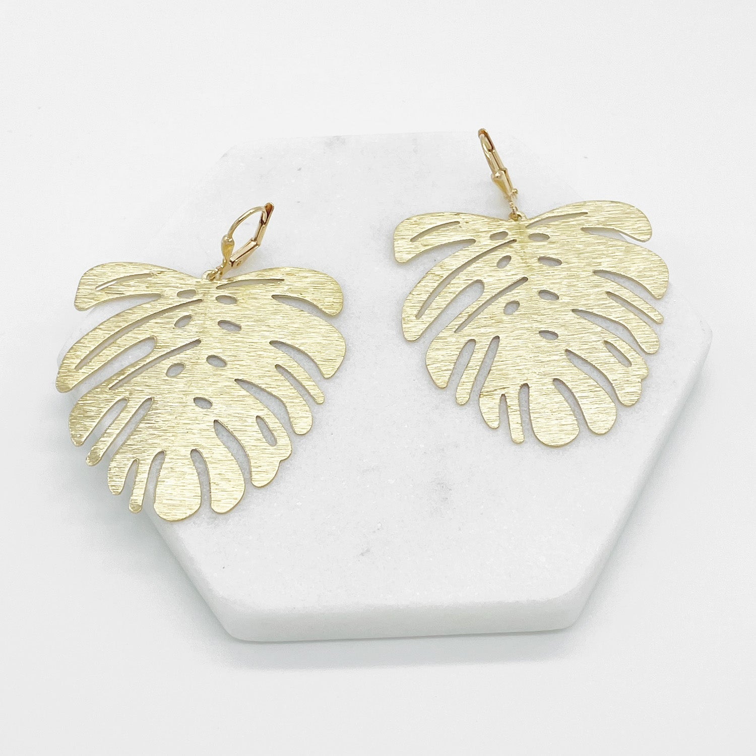 Monstera Dangle Statement Earrings in Brushed Brass