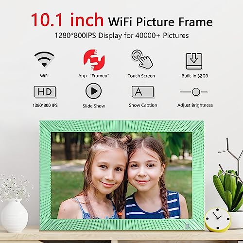 Frameo 32GB Digital Photo Frame 10.1 inch Digital Picture Frame Share Videos and Photos Instantly by Frameo App 1280X800 IPS Touch Screen Wall Mountable, Auto-Rotate,Motion Sensors(Green)