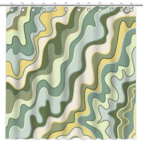 Mocsicka Retro 70s Hippie Shower Curtain Sage Green Groovy Waves Funky Shower Curtain for Bathroom Funky Abstract Art Shower Curtain Set with 12 Hooks, 72x72 Inches