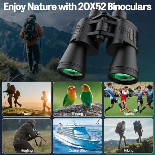 High Power Binoculars for Adults - 20x52 HD Large View Binoculars with Low Light - Professional Binoculars for Bird Watching Hunting Stargazing Football Travel Cruise Outdoor Sports with Carrying Bag