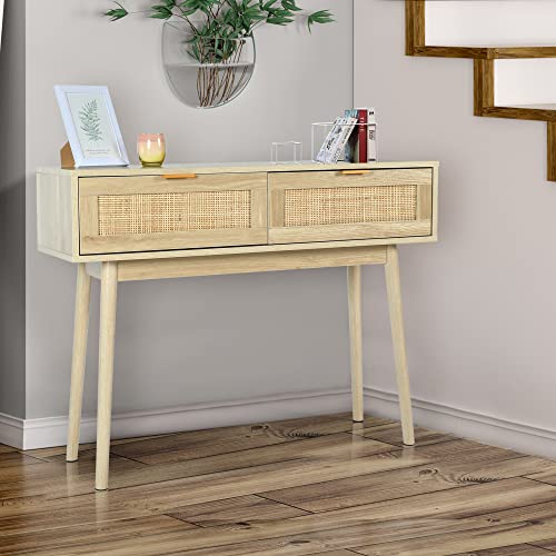 HOPUBUY Console Table Rattan Desk with Drawers, Oak Narrow Sofa Table with Pine Leg, Modern Small Entryway Table for Hallway and Living Room, 39" Rustic Natural