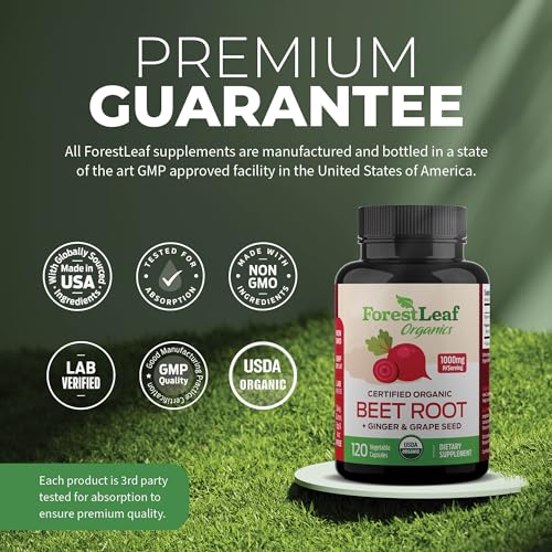 ForestLeaf Organic Beet Root Capsules - with Ginger & Grape Seed 16000mg Strength 20:1 Extract, Supports Nitric Oxide Production, Beets Supplements with Organic Non-GMO Beetroot Powder 120 Veggie Caps