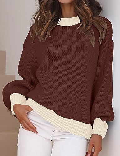 ZESICA Women's Casual Long Sleeve Crew Neck Pullover 2024 Fall Ribbed Knit Loose Contrast Color Sweater Tops,Purple,Medium