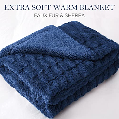 HOMEIDEAS Faux Fur Bed Blanket(Throw, Navy Blue), Decorative Sofa Couch Fur Blanket 50x60 inches, Holiday Lush Home Decoration Gifts