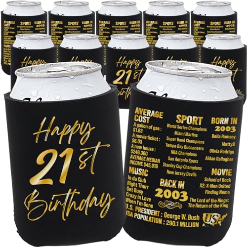 BackURyear 21st Birthday Decorations for Him Her, Birthday Decor for 21 Years Old Boy Girl, 21st Birthday Supplies for Women Men, Back in 2003-21st Birthday Can Cooler Sleeves- 12Pcs Black&Gold