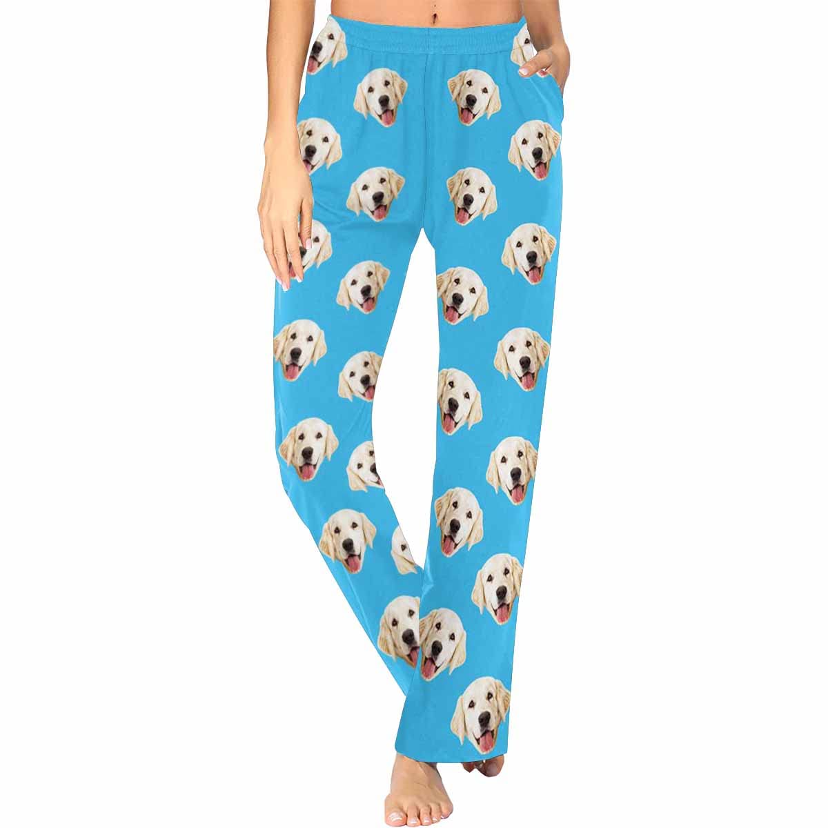 Custom Women's Pajamas Sleep Bottoms Pamaja Trousers Blue Personalized Pet Face Pajama Pants Nightwear with Dog Photo Picture for Women Girls Mom XS