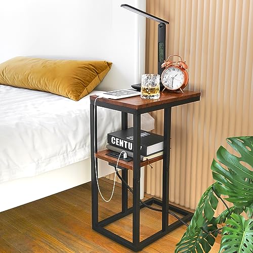 Yoobure C Shaped End Table with Charging Station, Small Side Tables for Living Room, Bedroom, Sofa Table with USB Ports and Outlets for Small Spaces C Couch Table Rustic Snack Table Bed Side Table