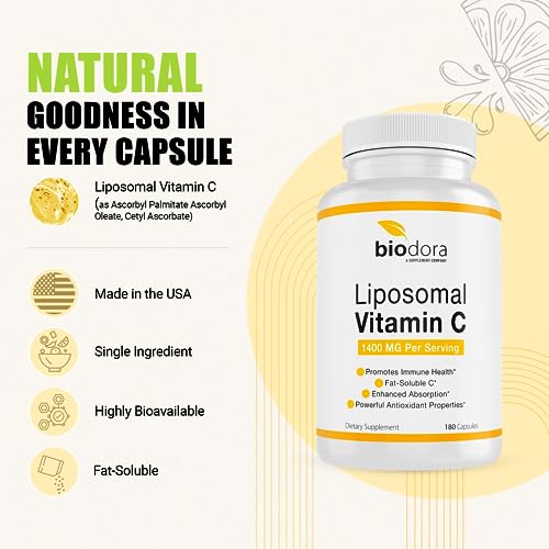 Biodora Liposomal Vitamin C, Healthy Immune System, Supports Heart Health, Enhanced Energy Level, Antioxidant Properties, 1400mg Per Servings, 180 Capsules