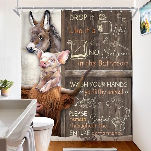 Imirell Funny Bathroom Rules Shower Curtain 60Wx72H Inches Farmhouse Highland Cow Donkey Pig Animal Wooden Board Rustic Wildlife Country Fabric Waterproof Polyester with 12 Pack Hooks Plastic