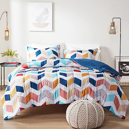 Comfort Spaces Kylar Cozy Comforter Set, Vibrant Chevron Ruching Design with Solid Reverse, All Season Down Alternative Bedding with Matching Sham, Twin/Twin XL (66 in x 90 in), Multi/Aqua 2 Piece