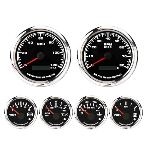 MOTOR METER RACING EVO Series Digital 6 Gauge Set - Blue Red White Green Switchable LED - 3-3/8" 85mm GPS Speedometer & Tachometer - 2-1/16" 52mm Voltage, Fuel Level, Water Temperature & Oil Pressure